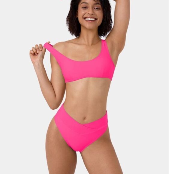 Halara Solid U Neck Top (S) & Crossover Bikini Bottom (M) Swimsuit Neon Pink nwt - Picture 1 of 7